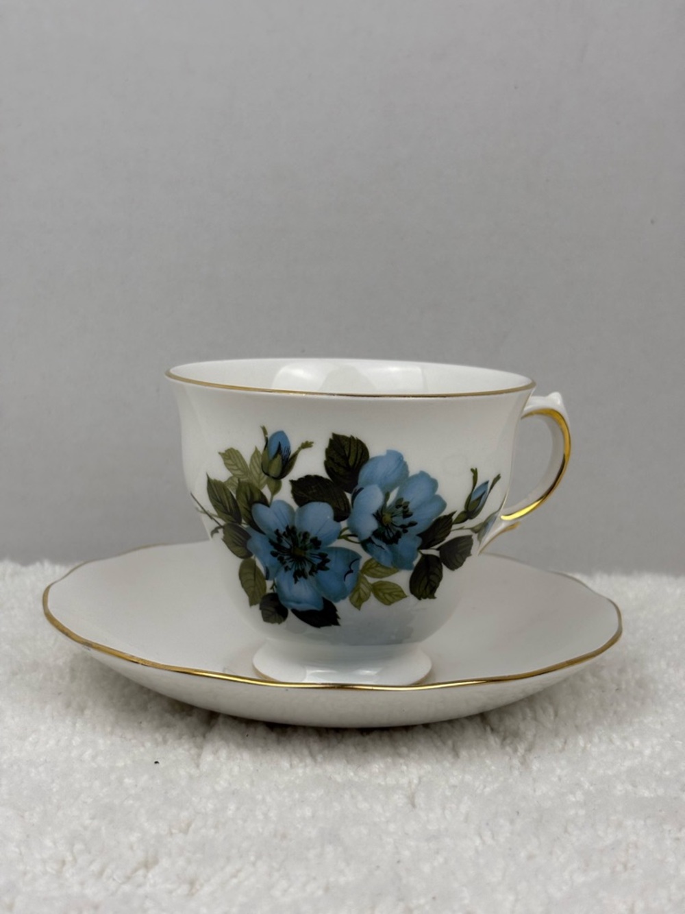 Vintage Royal Vale Blue Floral Bone China Tea Cup and Saucer Set Made in England